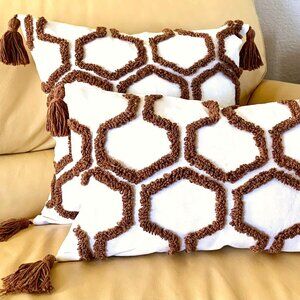2 Sizes Versatile Brown White Tufted Geometric Honeycomb Tasseled Pillow Cover